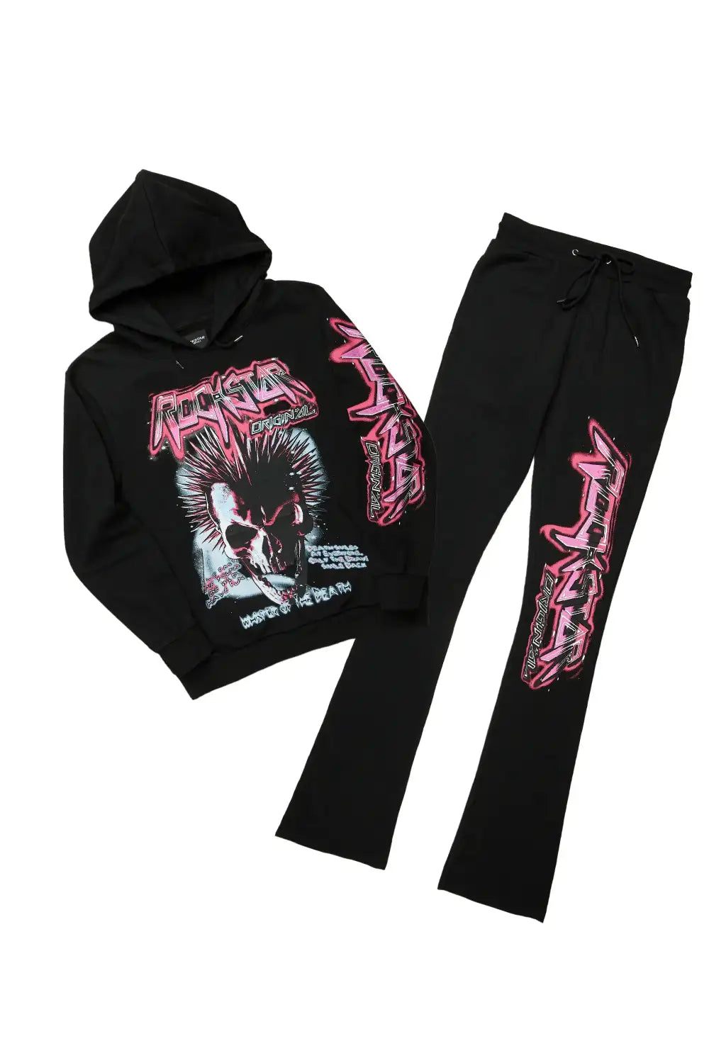 Obern Black/Pink Graphic Hoodie/Stacked Flare Pant Track Set (2-Piece)