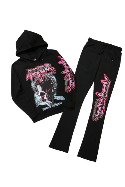 Obern Black/Pink Graphic Hoodie/Stacked Flare Pant Track Set (2-Piece)