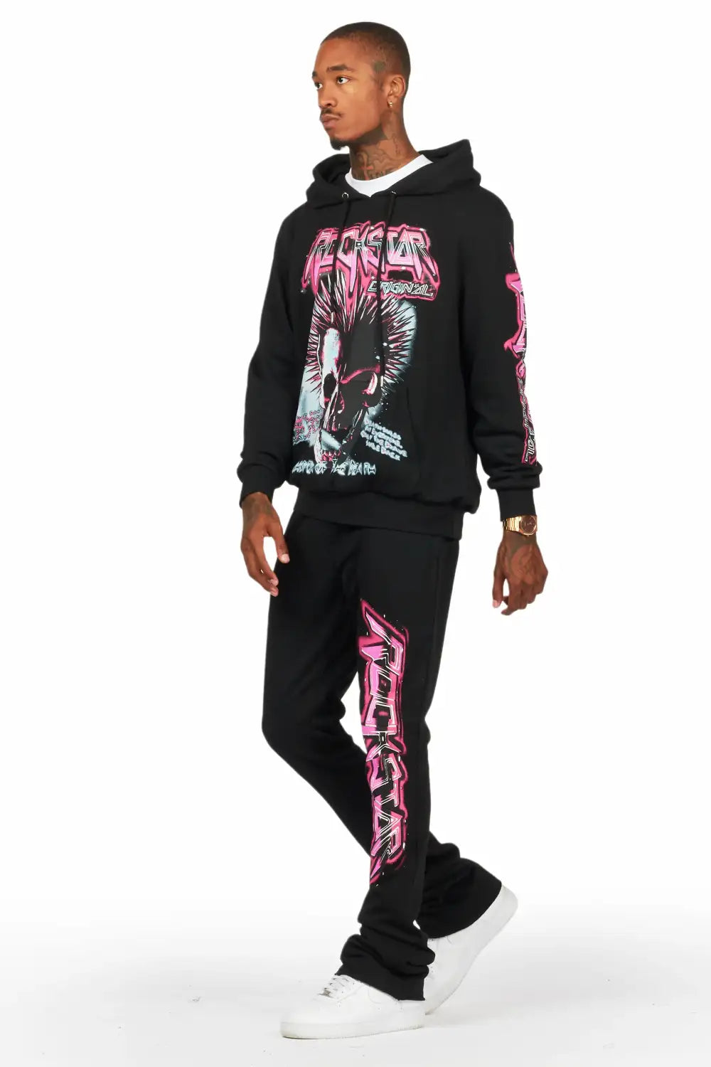Obern Black/Pink Graphic Hoodie/Stacked Flare Pant Track Set (2-Piece)