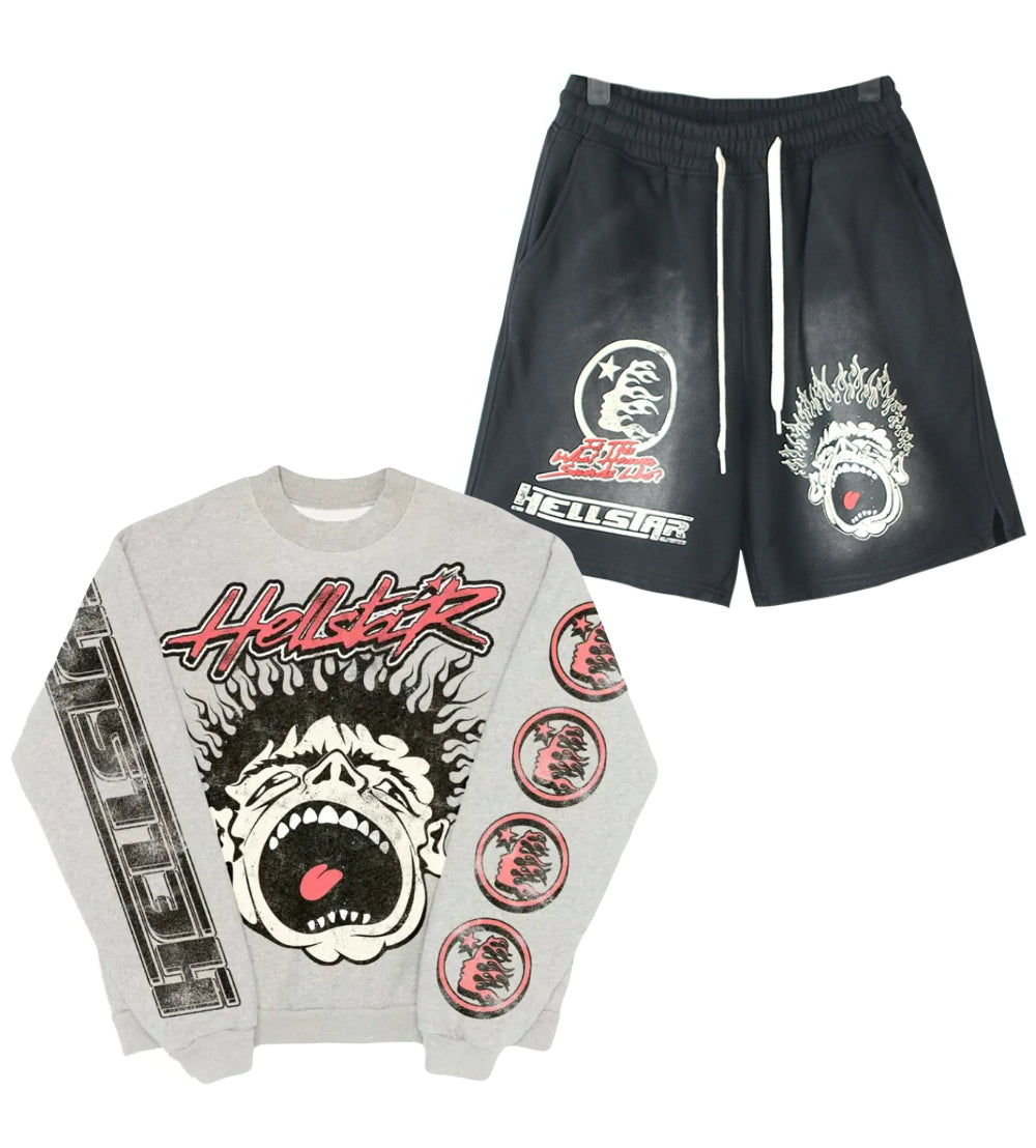 Hellstar Records Crewneck Heather Grey Shirt/Shorts (2-Piece)