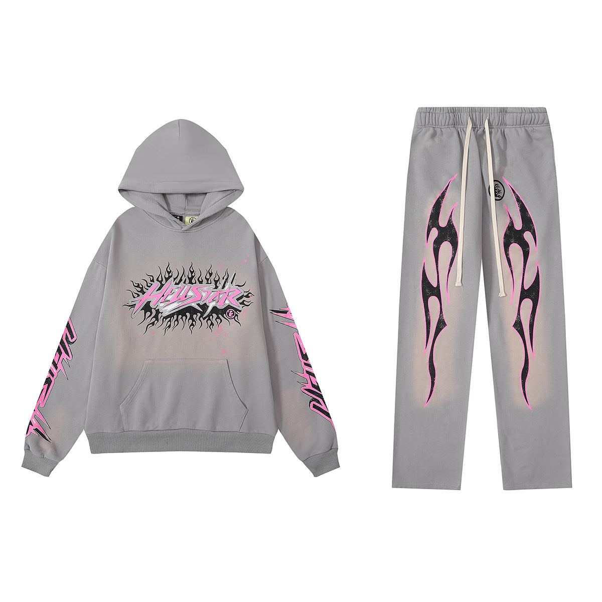 Hellstar Faded Grey Hoodie/Pants With Pink Logo (2-Piece)