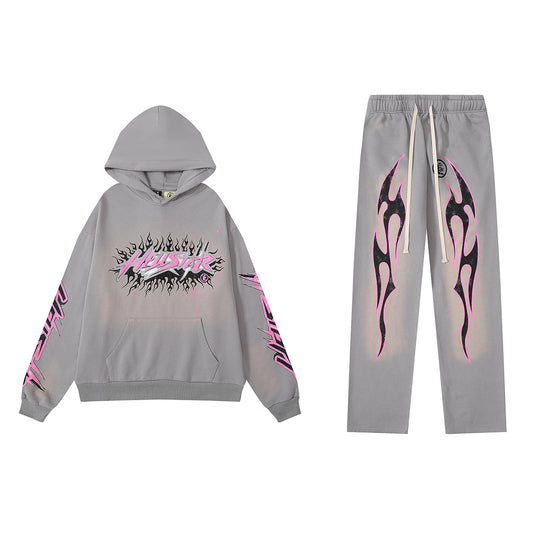 Hellstar Faded Grey Hoodie/Pants With Pink Logo (2-Piece)