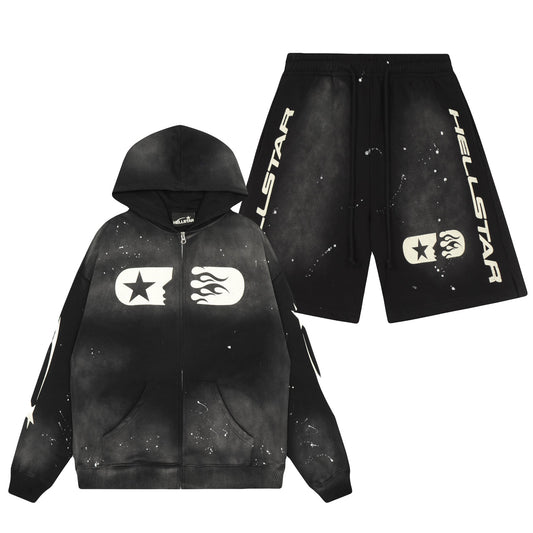 Hellstar Hoodie/Shorts Dripped Noir Unisex Studios Zip Up – Edgy Style with an Artistic Flair