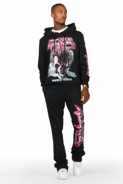 Obern Black/Pink Graphic Hoodie/Stacked Flare Pant Track Set (2-Piece)