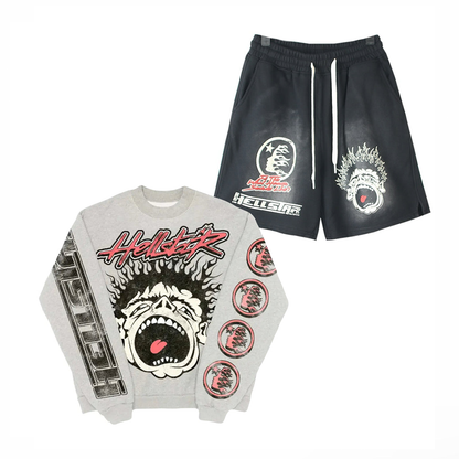 Hellstar Records Crewneck Heather Grey Shirt/Shorts (2-Piece)