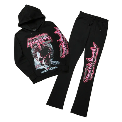 Obern Black/Pink Graphic Hoodie/Stacked Flare Pant Track Set (2-Piece)