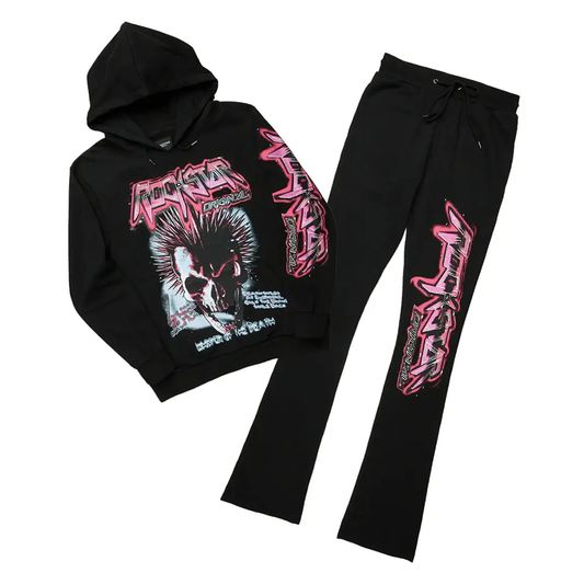 Obern Black/Pink Graphic Hoodie/Stacked Flare Pant Track Set (2-Piece)